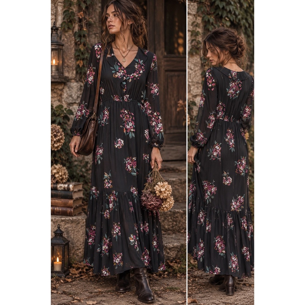 LOFT Dark Floral Maxi Dress Ruffle Cottagecore Whimsigoth Boho Long Sleeve L